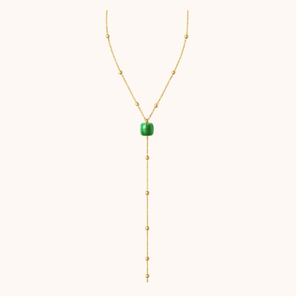 Collier Y Carole – Acier doré – Quartz vert