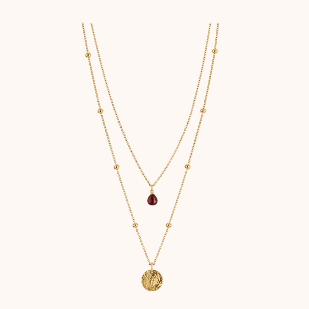 Collier Diane double – Acier Doré – Grenat