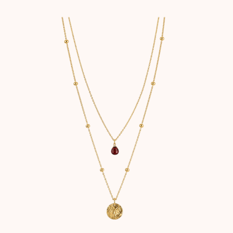 Collier Diane double – Acier Doré – Grenat