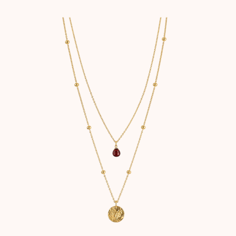 Collier Diane double - Acier Doré - Grenat