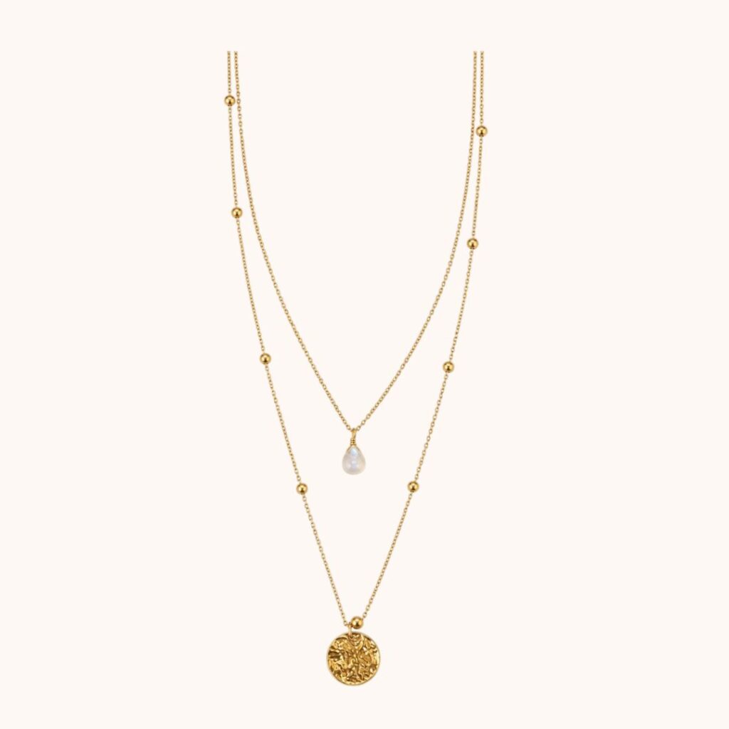 Collier Diane double – Acier Doré – Pierre de lune