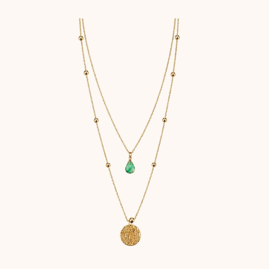 Collier Diane double – Acier Doré – Quartz vert