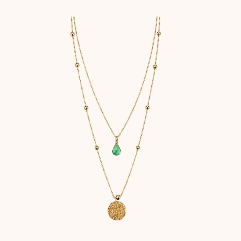 Collier Diane double – Acier Doré – Quartz vert