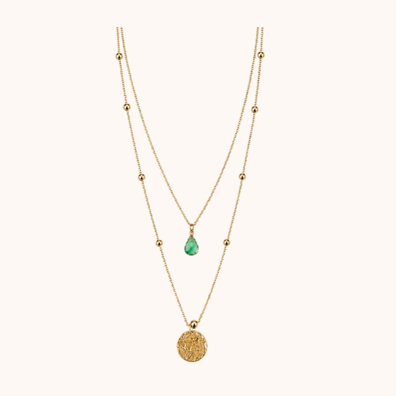 Collier Diane double - Acier Doré - Quartz vert